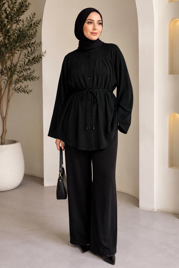 Hijab clothing  BELTED MANDARIN COLLAR BLOUSE T 2833 - TRENDTESETTÜR