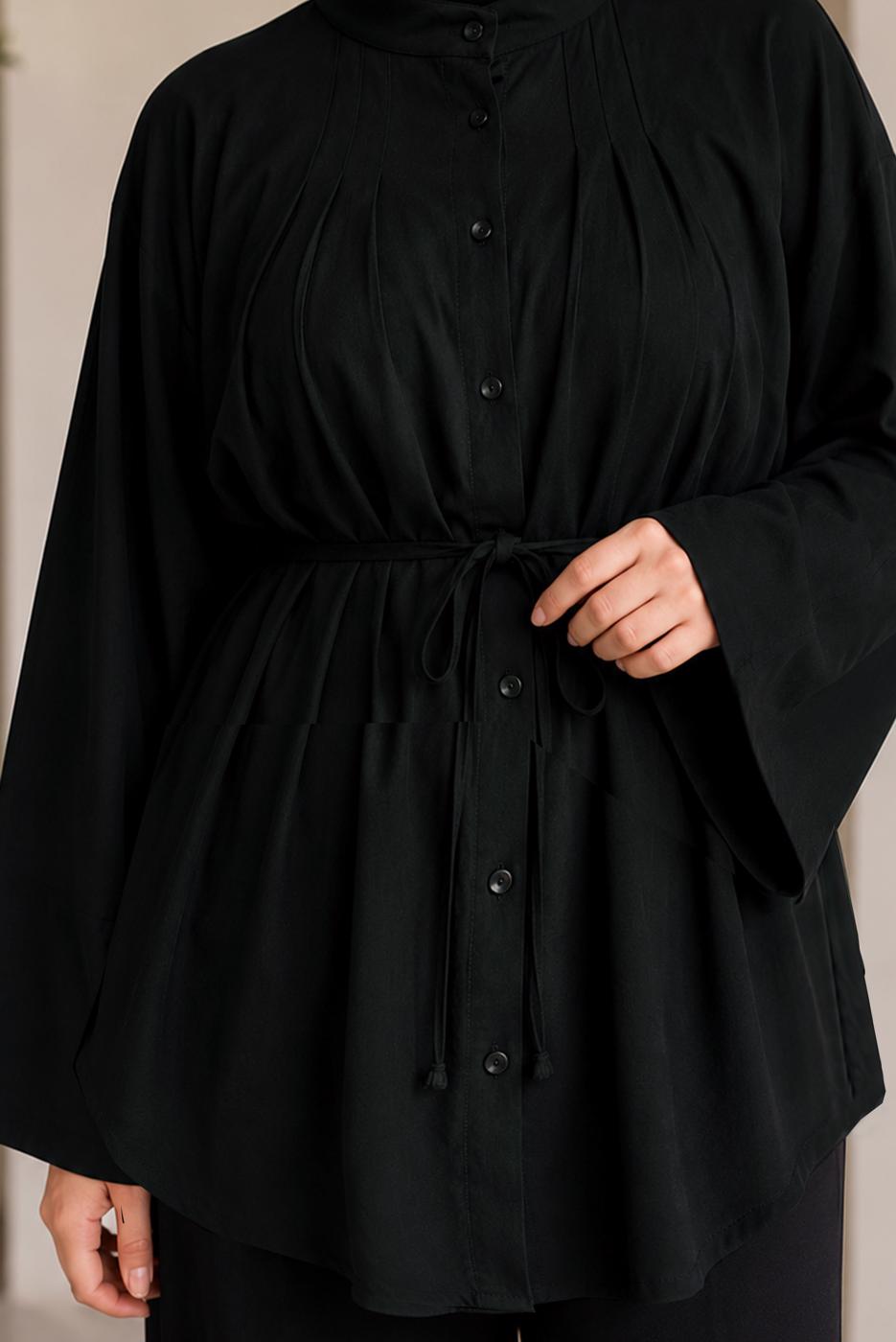 Hijab clothing BLACK BELTED MANDARIN COLLAR BLOUSE T 2833