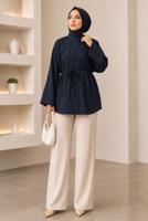 Hijab clothing NAVY BLUE BELTED MANDARIN COLLAR BLOUSE T 2833