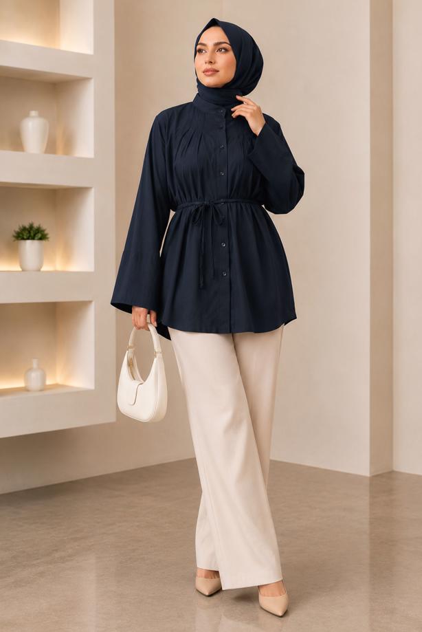 Hijab clothing  BELTED MANDARIN COLLAR BLOUSE T 2833 - TRENDTESETTÜR
