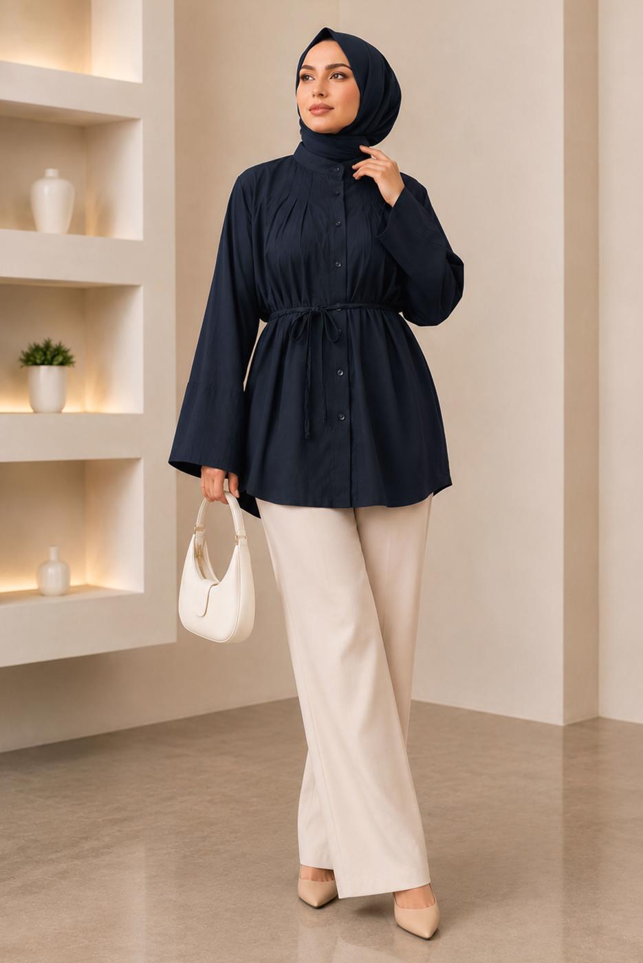 Hijab clothing NAVY BLUE BELTED MANDARIN COLLAR BLOUSE T 2833