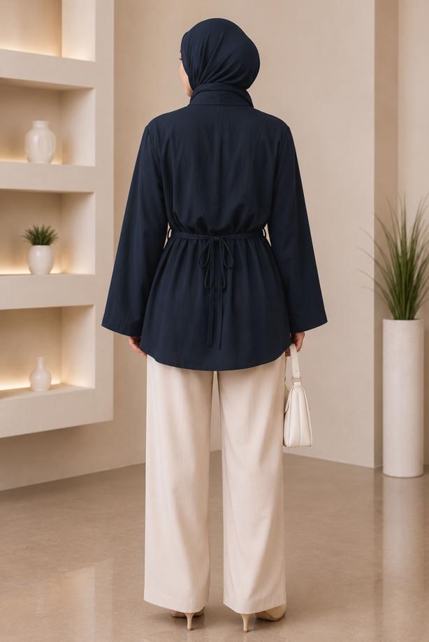 Hijab clothing  BELTED MANDARIN COLLAR BLOUSE T 2833 - TRENDTESETTÜR