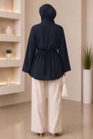 Hijab clothing NAVY BLUE BELTED MANDARIN COLLAR BLOUSE T 2833