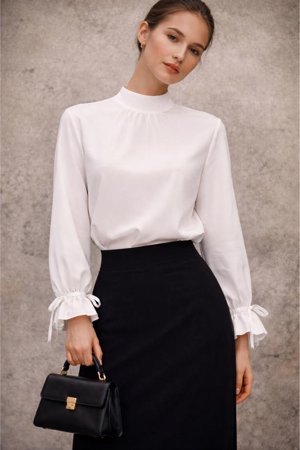 Tesettür giyim BEYAZ FIFIR DETAYLI BLUZ T 5826 - TRENDTESETTÜR