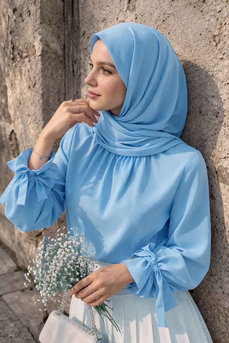 Tesettür giyim MAVİ FIFIR DETAYLI BLUZ T 5826