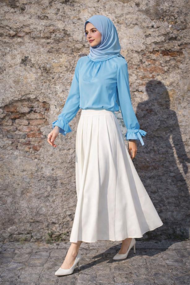 Tesettür giyim MAVİ FIFIR DETAYLI BLUZ T 5826 - TRENDTESETTÜR