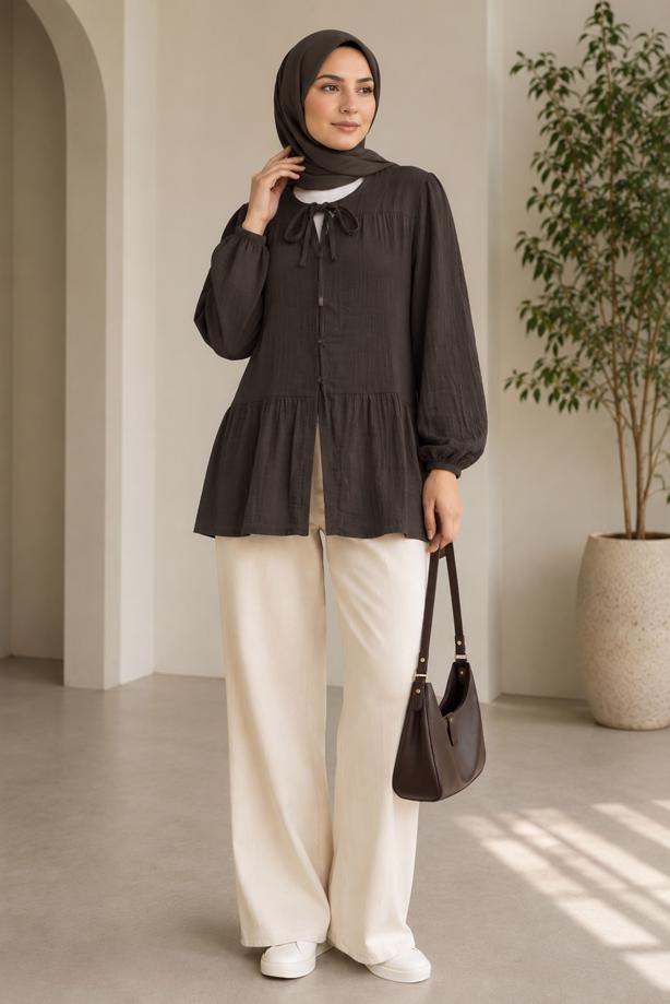 Hijab clothing  TIE DETAIL MUSLIN BLOUSE T 9723 - TRENDTESETTÜR
