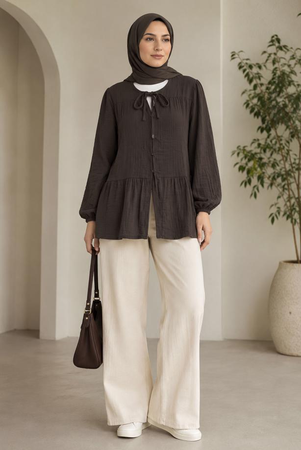 Hijab clothing  TIE DETAIL MUSLIN BLOUSE T 9723 - TRENDTESETTÜR