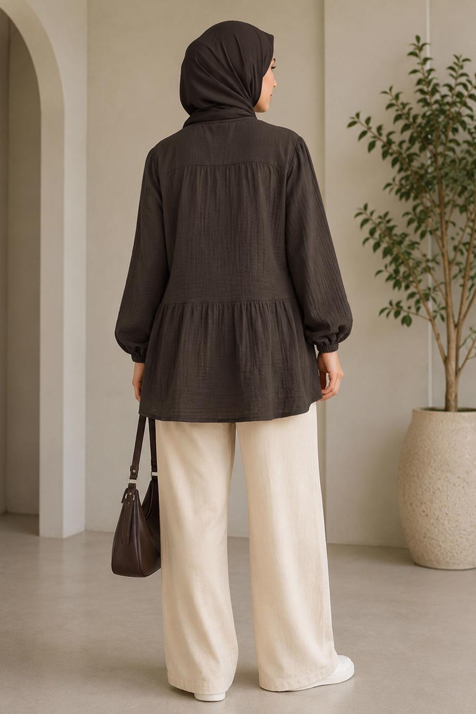 Hijab clothing BROWN TIE DETAIL MUSLIN BLOUSE T 9723