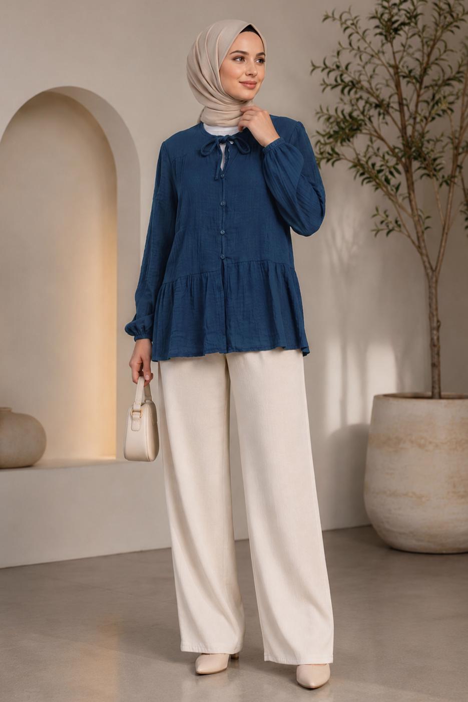 Hijab clothing NAVY BLUE TIE DETAIL MUSLIN BLOUSE T 9723