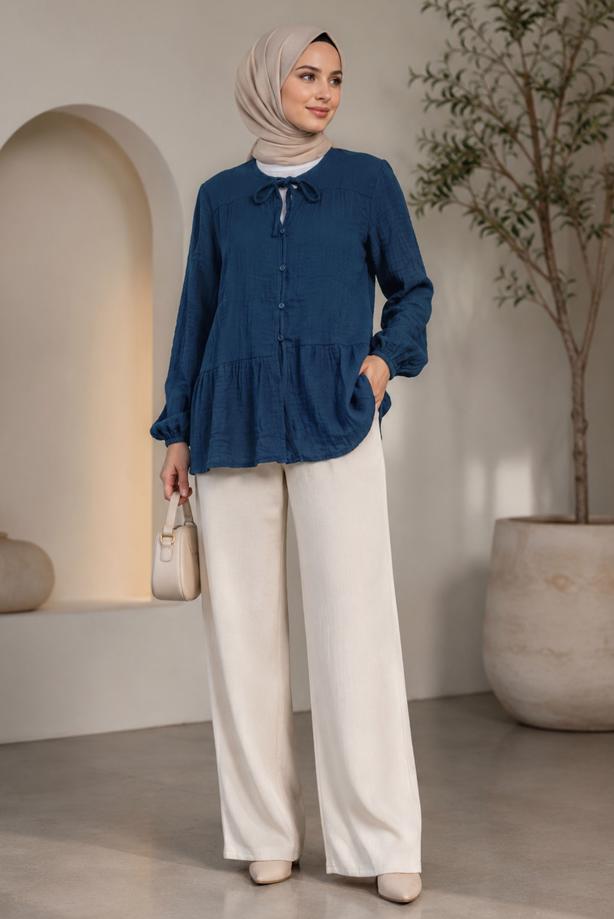 Hijab clothing  TIE DETAIL MUSLIN BLOUSE T 9723 - TRENDTESETTÜR