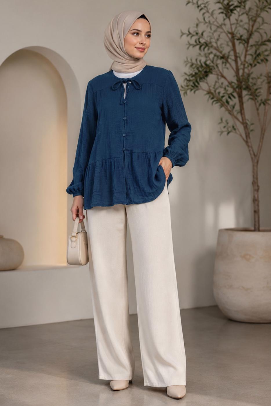 Hijab clothing NAVY BLUE TIE DETAIL MUSLIN BLOUSE T 9723