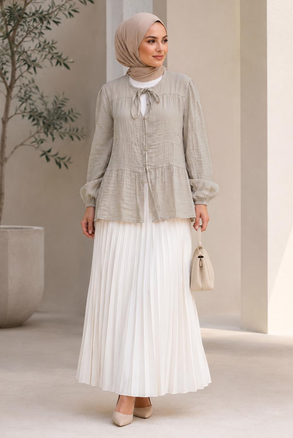 Hijab clothing BEIGE TIE DETAIL MUSLIN BLOUSE T 9723