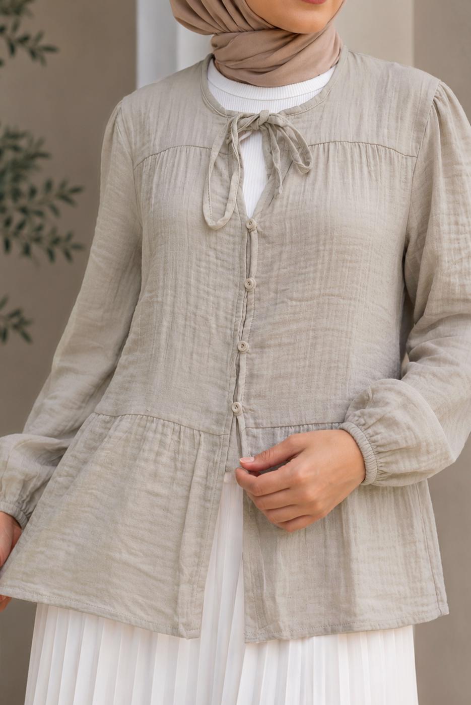 Hijab clothing BEIGE TIE DETAIL MUSLIN BLOUSE T 9723
