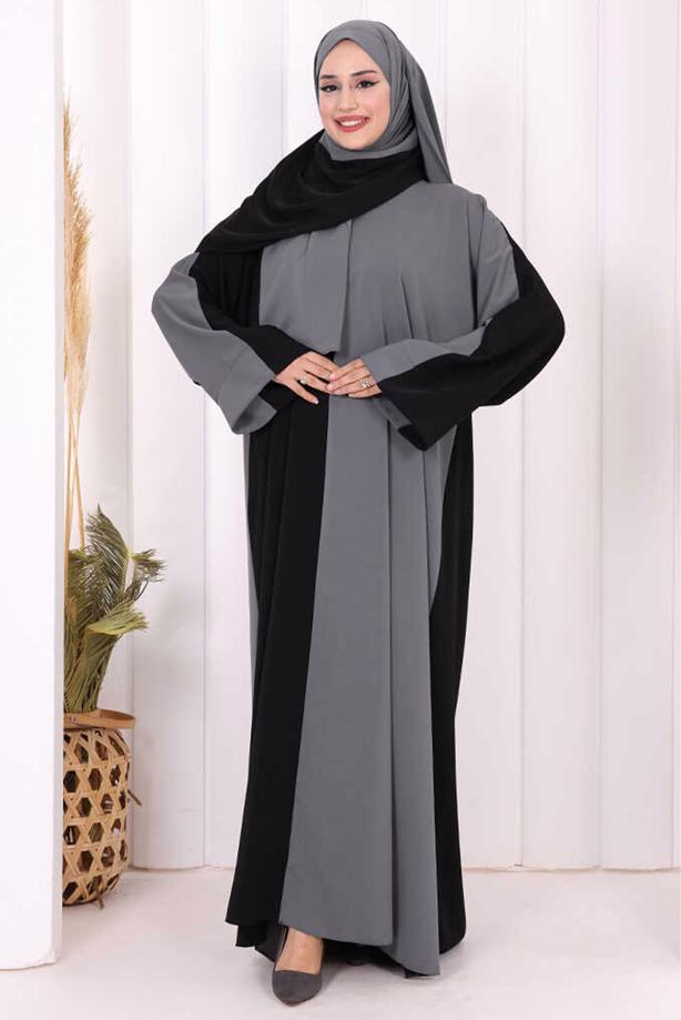 Tesettür giyim GRİ ŞALLI ÇİFT RENK ELBİSE T 0593 - TRENDTESETTÜR