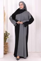Tesettür giyim GRİ ŞALLI ÇİFT RENK ELBİSE T 0593