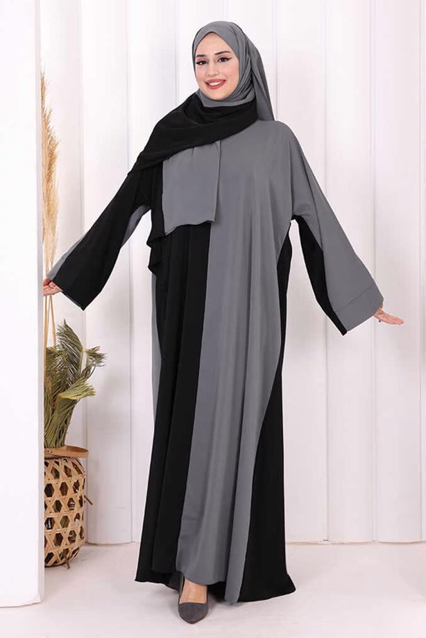 Tesettür giyim GRİ ŞALLI ÇİFT RENK ELBİSE T 0593 - TRENDTESETTÜR