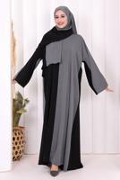 Tesettür giyim GRİ ŞALLI ÇİFT RENK ELBİSE T 0593