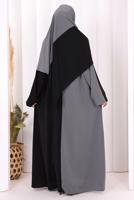 Tesettür giyim GRİ ŞALLI ÇİFT RENK ELBİSE T 0593