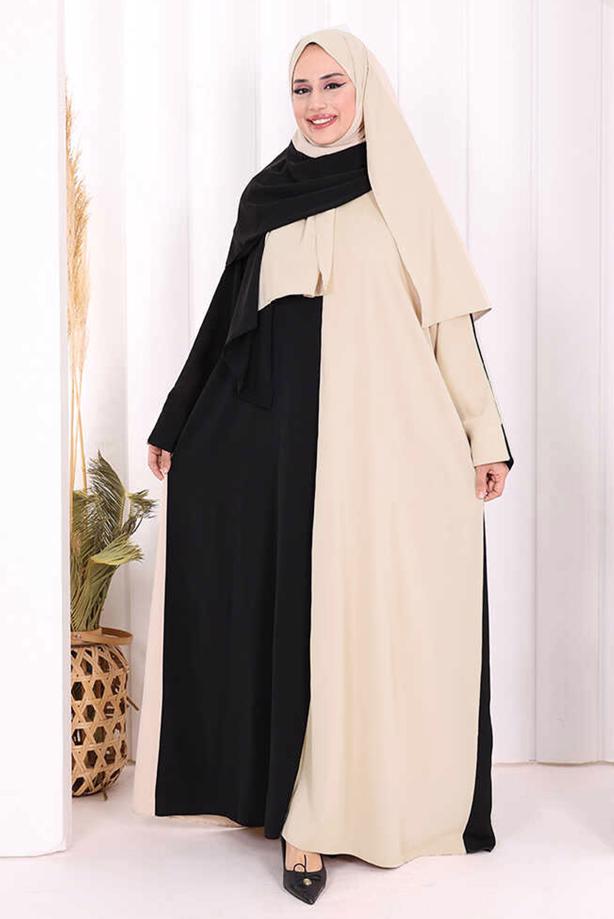 Tesettür giyim BEJ ŞALLI ÇİFT RENK ELBİSE T 0593 - TRENDTESETTÜR