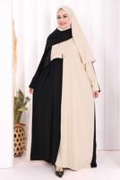 Tesettür giyim BEJ ŞALLI ÇİFT RENK ELBİSE T 0593