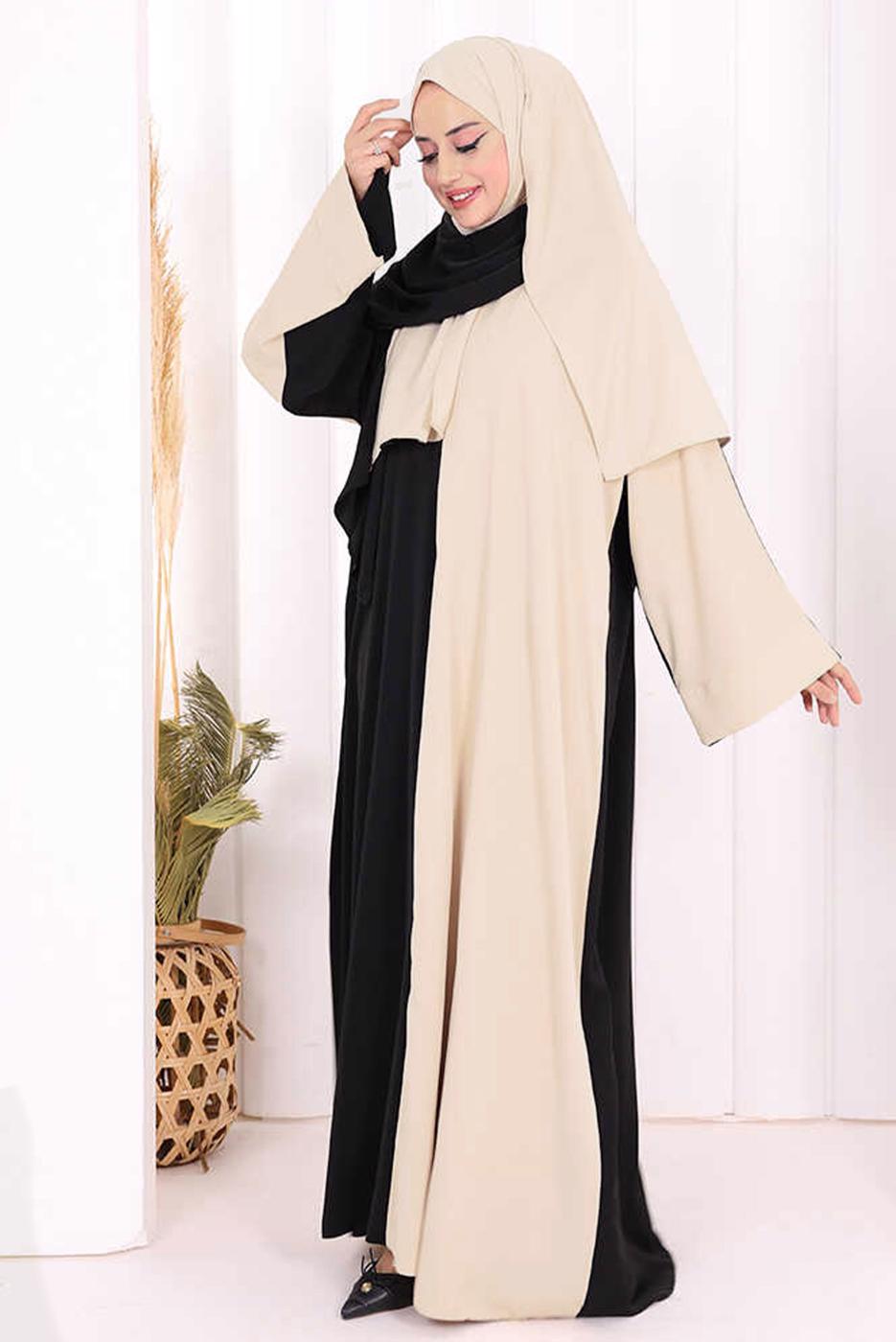 Tesettür giyim BEJ ŞALLI ÇİFT RENK ELBİSE T 0593
