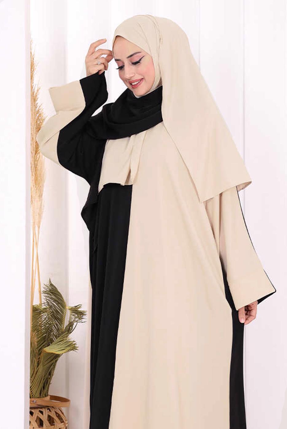 Tesettür giyim BEJ ŞALLI ÇİFT RENK ELBİSE T 0593