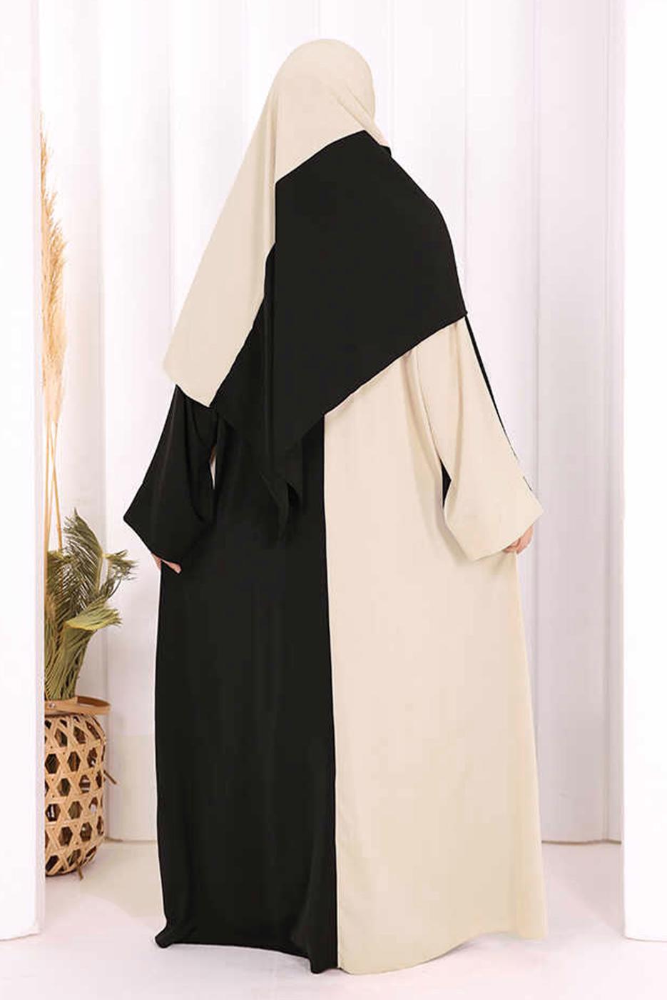 Tesettür giyim BEJ ŞALLI ÇİFT RENK ELBİSE T 0593