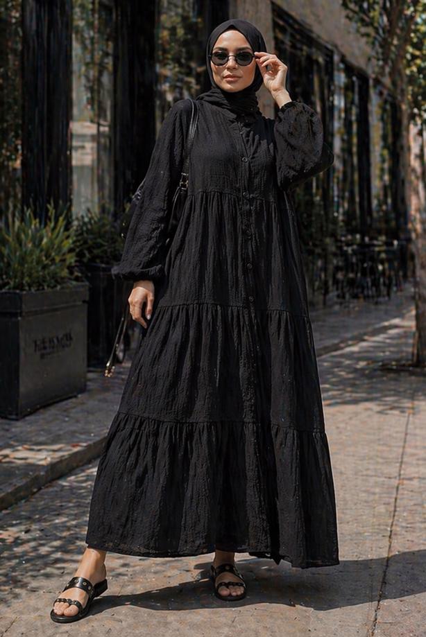 Tesettür giyim SİYAH MÜSLİN SALAŞ ELBİSE T 1601 - TRENDTESETTÜR