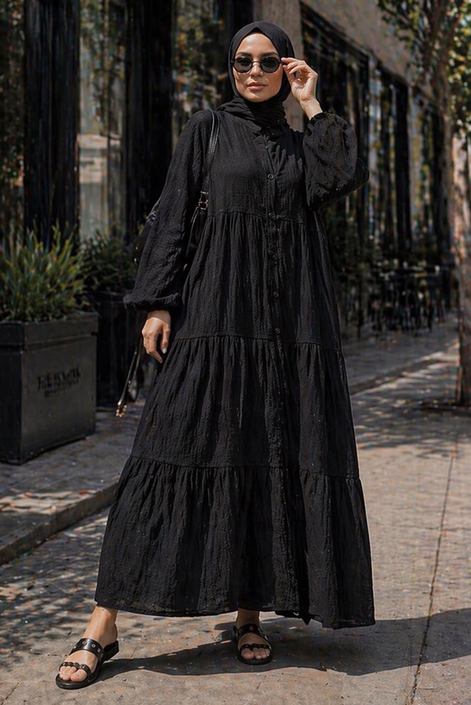 Tesettür giyim SİYAH MÜSLİN SALAŞ ELBİSE T 1601