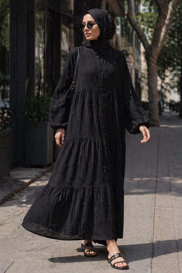 Tesettür giyim SİYAH MÜSLİN SALAŞ ELBİSE T 1601 - TRENDTESETTÜR