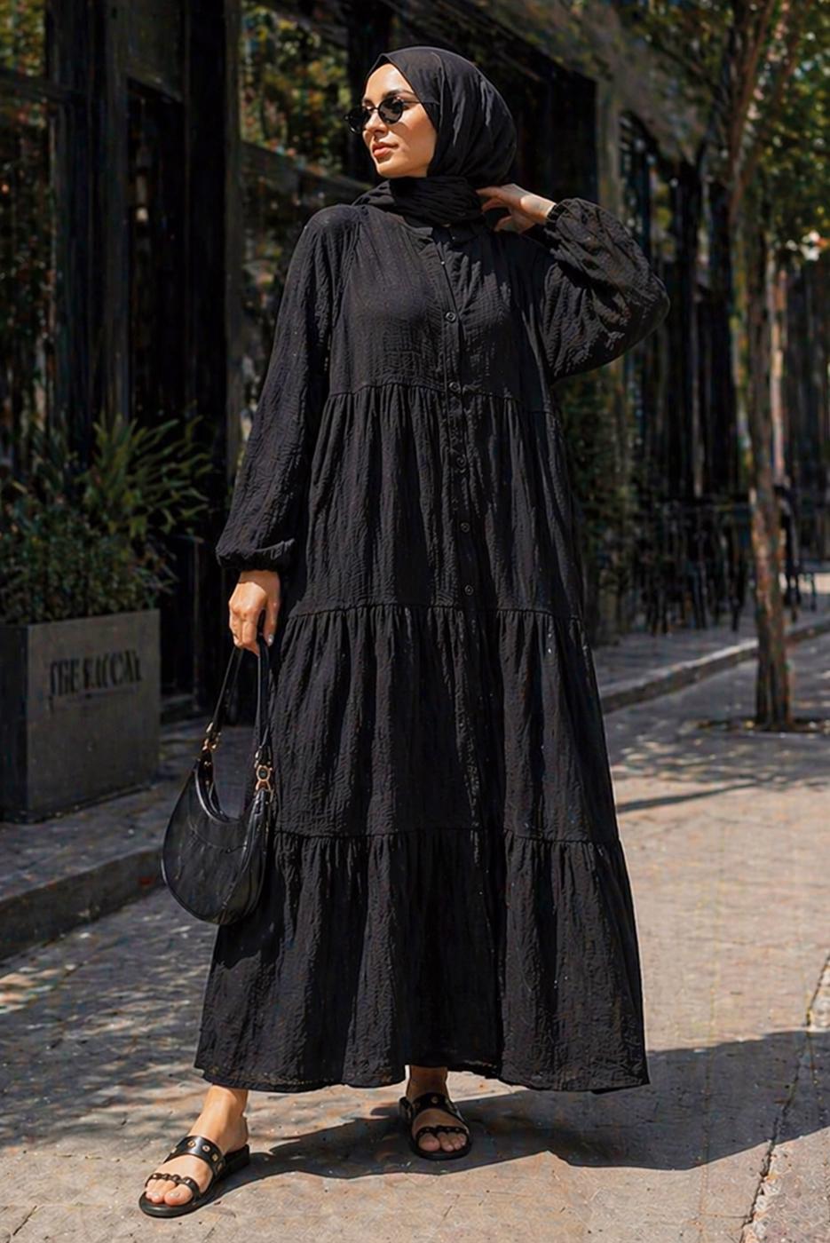 Tesettür giyim SİYAH MÜSLİN SALAŞ ELBİSE T 1601