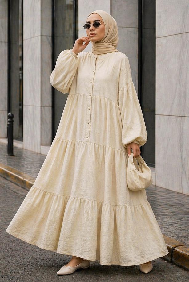 Tesettür giyim BEJ MÜSLİN SALAŞ ELBİSE T 1601 - TRENDTESETTÜR