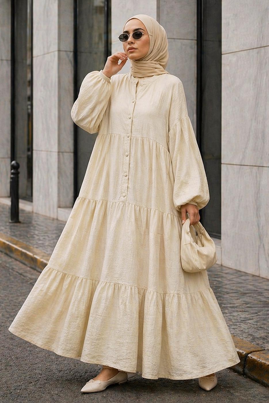 Tesettür giyim BEJ MÜSLİN SALAŞ ELBİSE T 1601