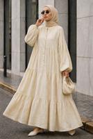 Tesettür giyim BEJ MÜSLİN SALAŞ ELBİSE T 1601