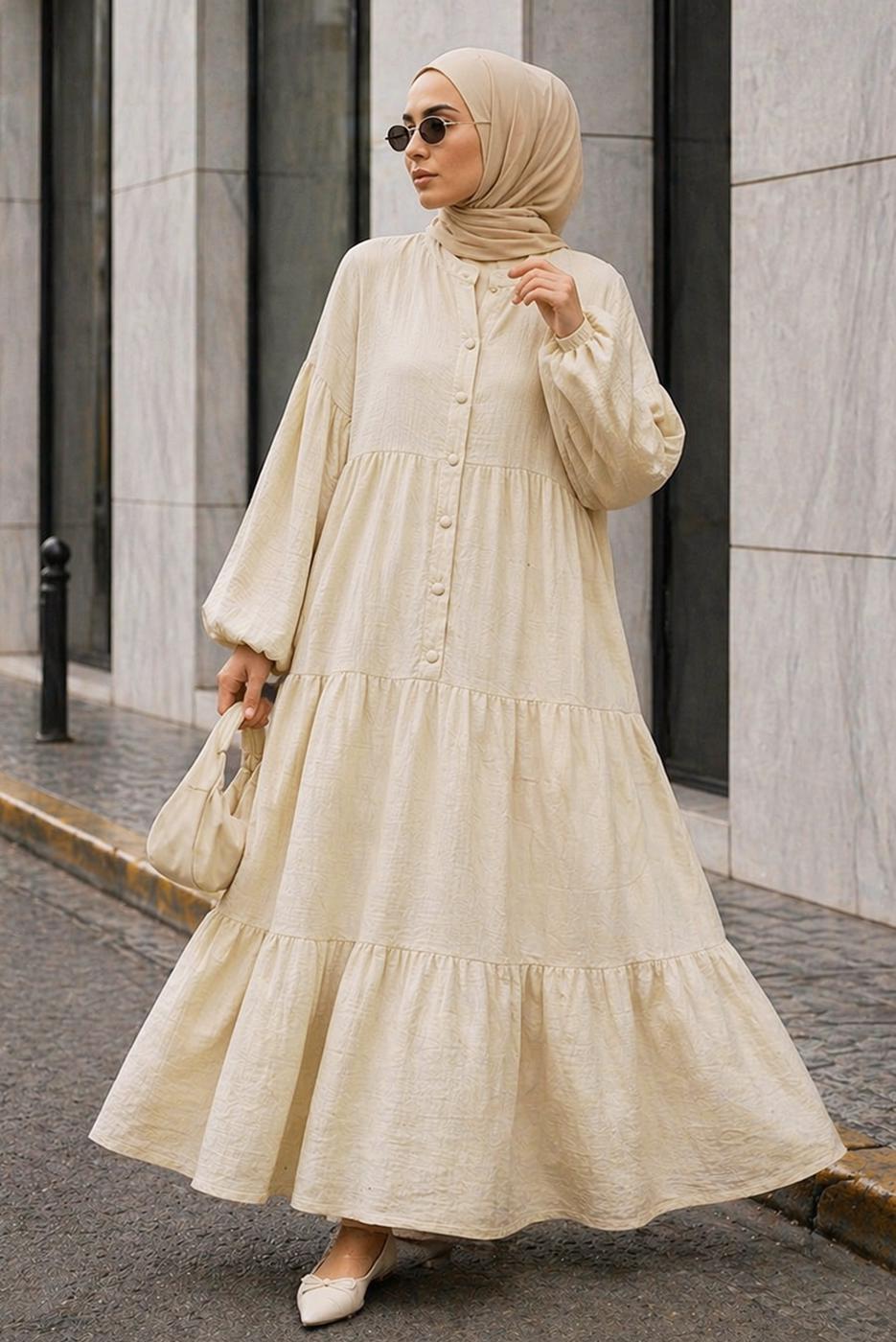 Tesettür giyim BEJ MÜSLİN SALAŞ ELBİSE T 1601