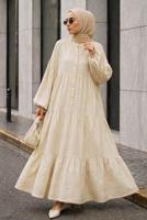 Tesettür giyim BEJ MÜSLİN SALAŞ ELBİSE T 1601