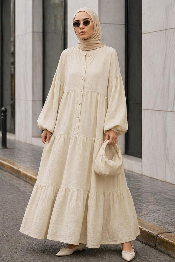 Tesettür giyim BEJ MÜSLİN SALAŞ ELBİSE T 1601 - TRENDTESETTÜR