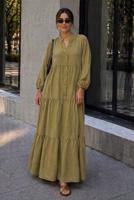 Tesettür giyim HAKİ MÜSLİN SALAŞ ELBİSE T 1601