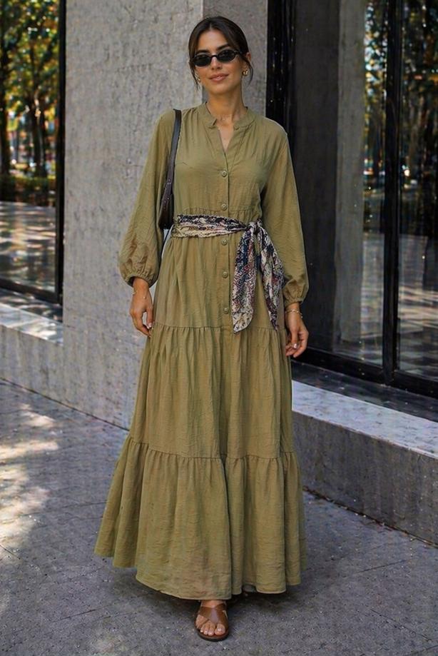 Tesettür giyim HAKİ MÜSLİN SALAŞ ELBİSE T 1601 - TRENDTESETTÜR