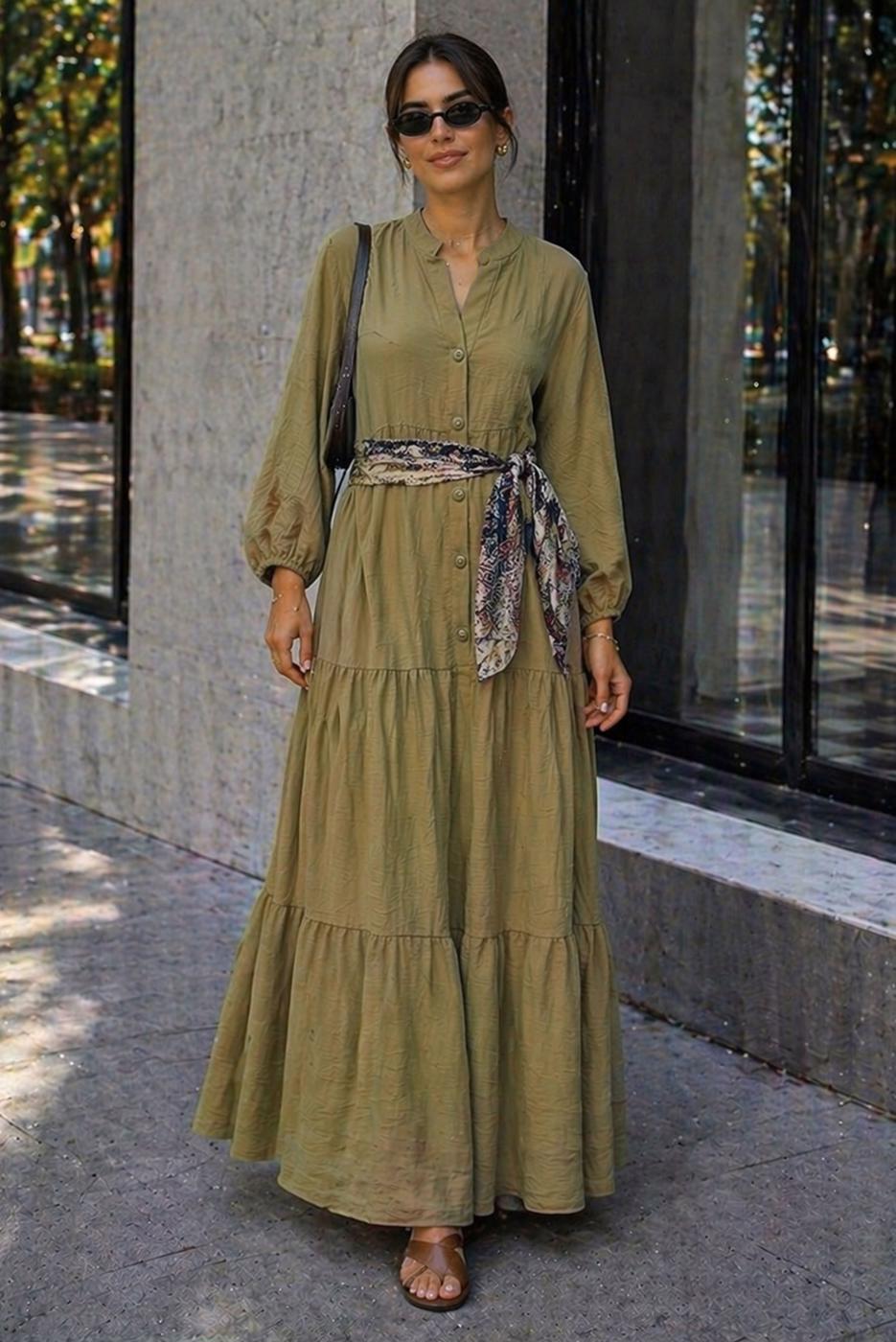 Tesettür giyim HAKİ MÜSLİN SALAŞ ELBİSE T 1601