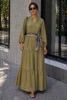 Tesettür giyim HAKİ MÜSLİN SALAŞ ELBİSE T 1601