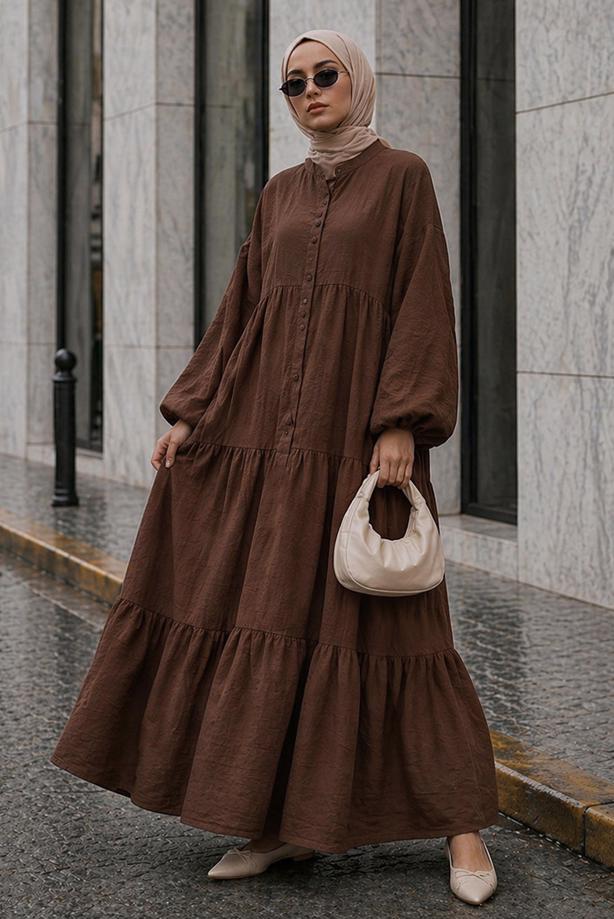 Tesettür giyim KAHVE MÜSLİN SALAŞ ELBİSE T 1601 - TRENDTESETTÜR