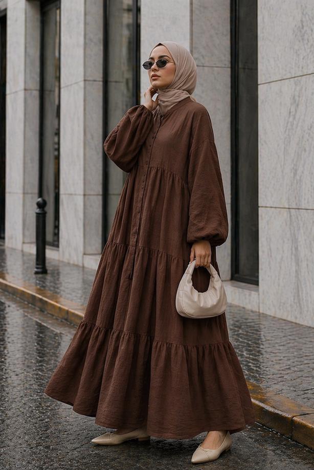 Tesettür giyim KAHVE MÜSLİN SALAŞ ELBİSE T 1601 - TRENDTESETTÜR