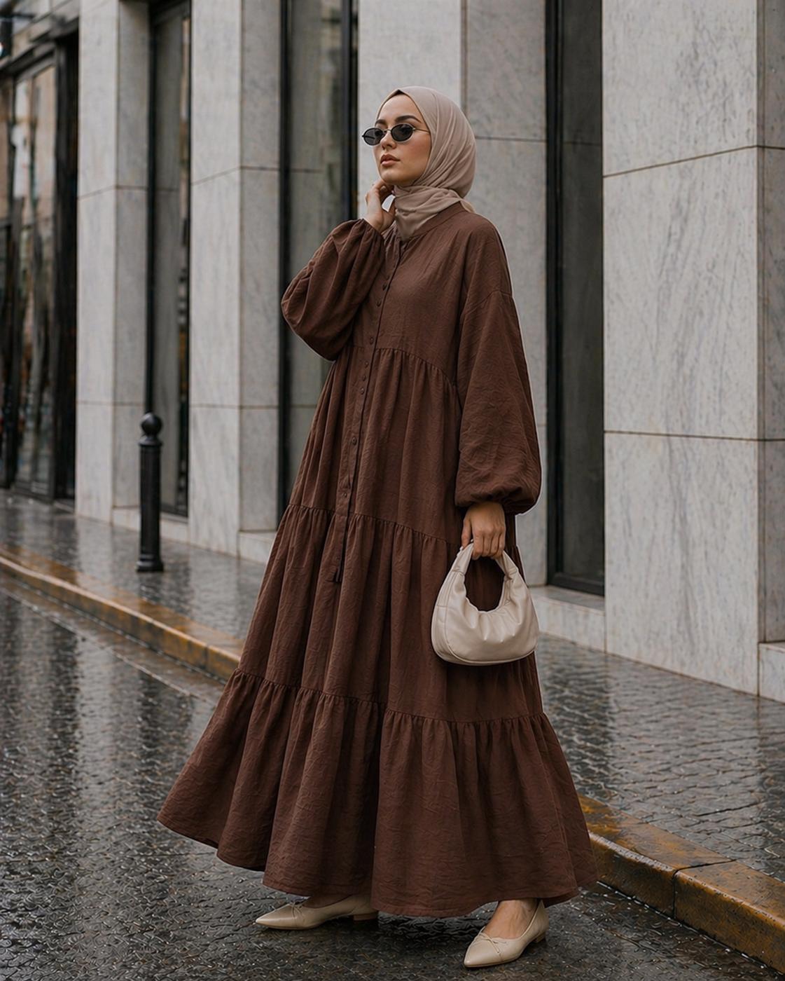 Tesettür giyim KAHVE MÜSLİN SALAŞ ELBİSE T 1601