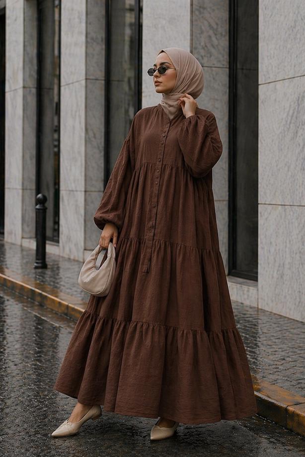 Tesettür giyim KAHVE MÜSLİN SALAŞ ELBİSE T 1601 - TRENDTESETTÜR