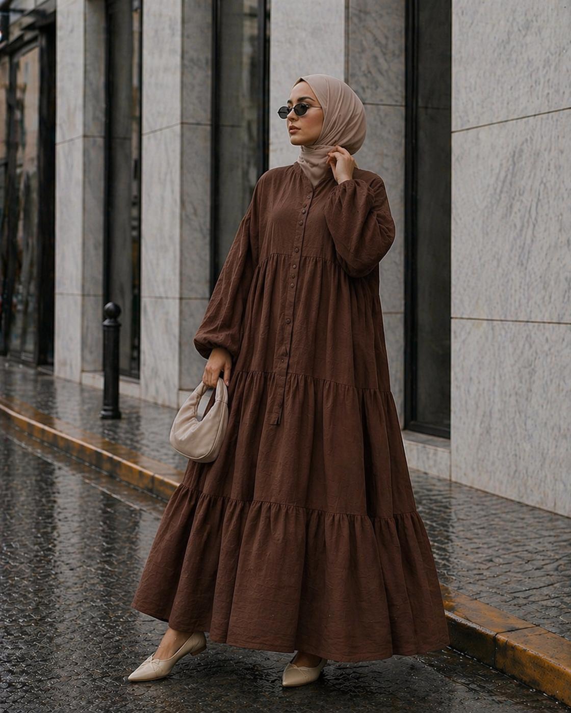 Tesettür giyim KAHVE MÜSLİN SALAŞ ELBİSE T 1601