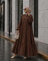 Tesettür giyim KAHVE MÜSLİN SALAŞ ELBİSE T 1601