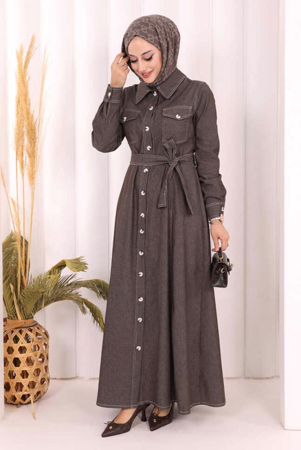 Vêtements hijab BRUN ROBE EN JEAN CEINTURÉE T 1607 - TRENDTESETTÜR