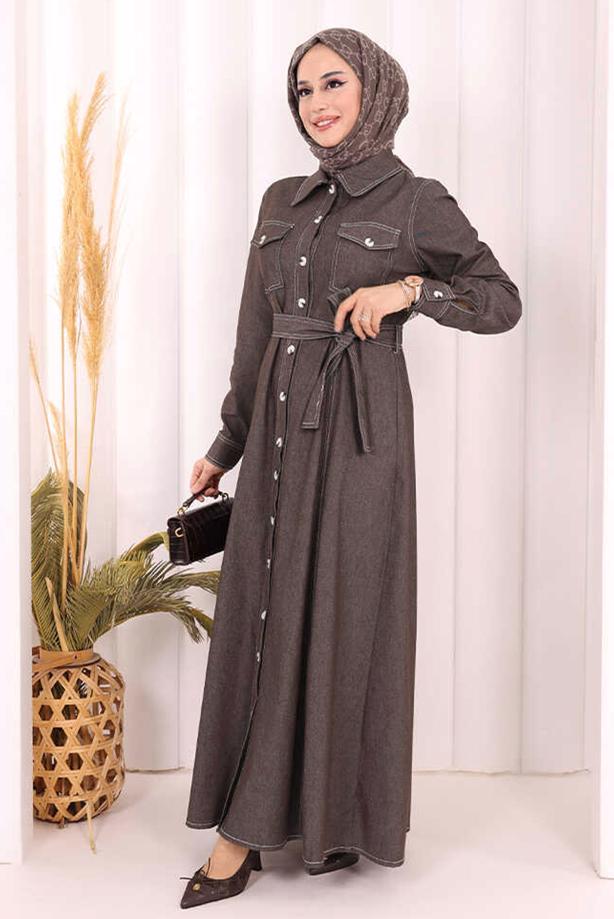 Vêtements hijab BRUN ROBE EN JEAN CEINTURÉE T 1607 - TRENDTESETTÜR